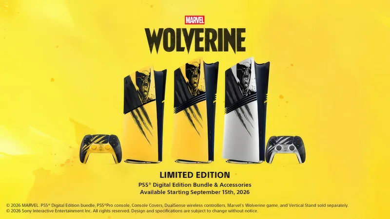 Three PS5 consoles with Wolverine-themed designs and matching controllers are labeled as a 'Limited Edition' available starting September 15th, 2026, on a yellow background.