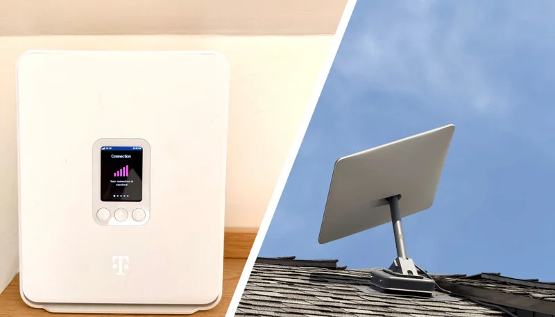 Left, a T-Mobile 5G home internet combo model/router — Right, an second-gen Starlink dishy that we don't actually use, but is positioned in a far more photogenic spot on our roof than the V4 dish we actually do connect to.