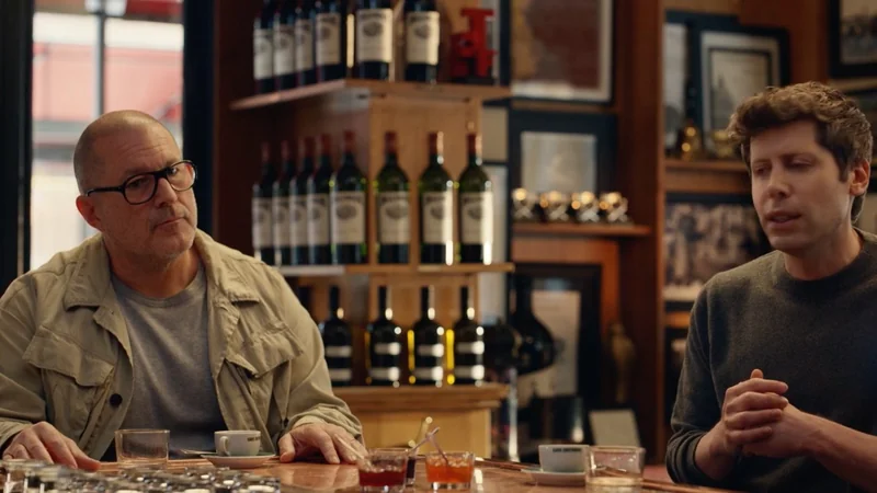 Two men sit at a bar counter with drinks, talking. Shelves of wine bottles and framed photos fill the background, creating a cozy, warmly lit, conversational setting.