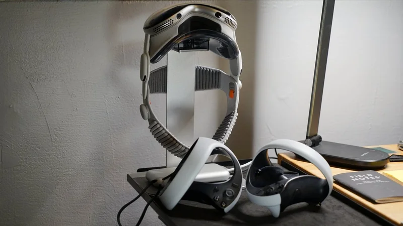 Apple Vision Pro hanging on a vertical stand, with two handheld controllers resting on a desk beside a closed laptop and notebook under a desk lamp