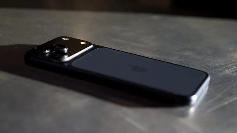 Black smartphone lying face down on a metallic surface, camera module with multiple lenses catching light, soft reflections emphasizing sleek, modern design