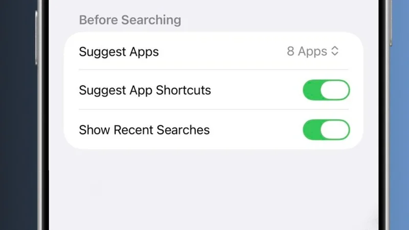 iPhone search settings screen showing options Suggest Apps, Suggest App Shortcuts, and Show Recent Searches, with the last two toggled on in green and Suggest Apps showing 8 apps