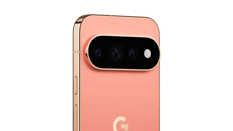 Peach-colored smartphone with gold edges, showing the upper back featuring a horizontal black camera bar containing three lenses and a flash, plus a subtle G logo lower on the back