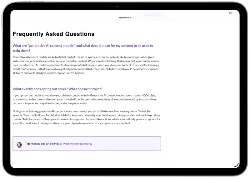 Tablet screen showing Twitch's frequently asked questions about generative AI training and its opt-out setting