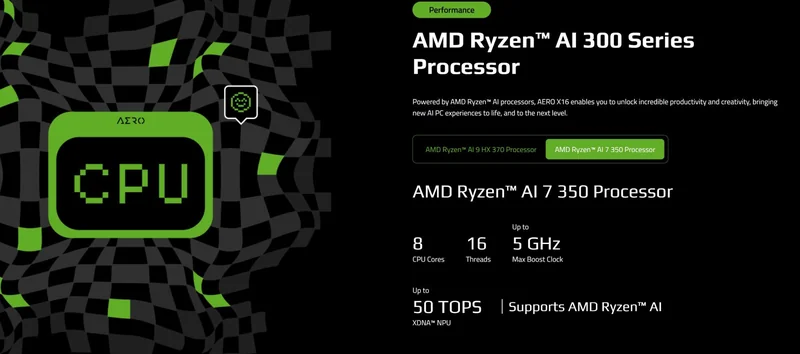The image showcases specs for the AMD Ryzen AI 7 350 processor, featuring 8 CPU cores, 16 threads, a max boost clock of up to 5 GHz, and up to 50 TOPS, along with support for AMD Ryzen AI.