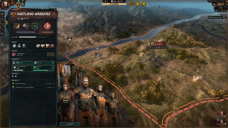 The game interface shows a strategic overview of the 'Dustland Warriors' band with character stats and a landscape map, featuring characters Eleanor, Jordan, Isla, and Luke in the fictional world dated 24th of February, 112 AD.