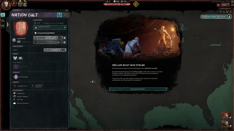 The game interface in 'Nation Cult' displays a tribe belief panel with details such as a weak belief score of 2556, the ability to 'Claim' for 50, and the option 'Reclaim What Was Stolen,' showing a scene with characters and a dramatic text narrative.