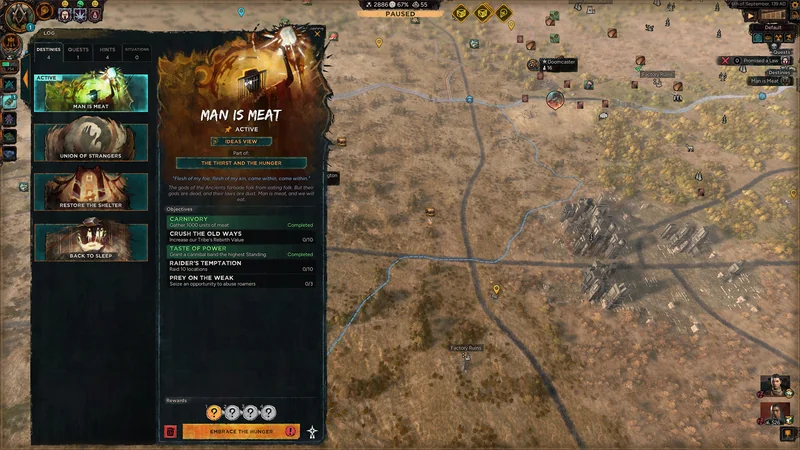 The game interface of The New Dark Age displays an active quest titled 'Man is Meat' on the left, with objectives such as 'Carnivory' and 'Prey on the Weak,' overlaying a map with locations like 'Factory Ruins' visible.