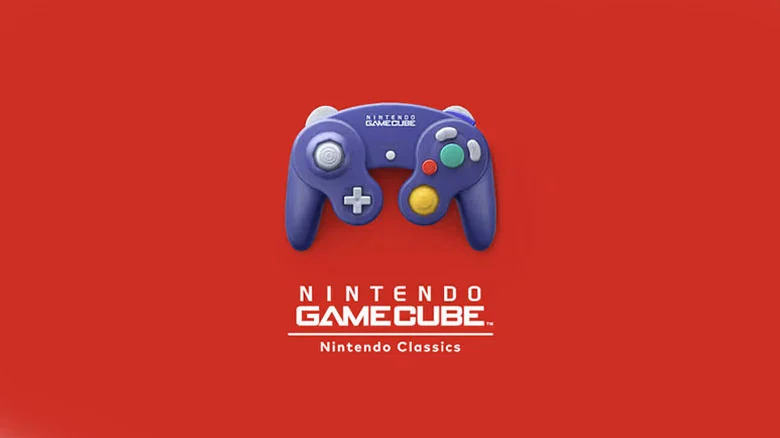 An indigo GameCube controller sits on a red background.