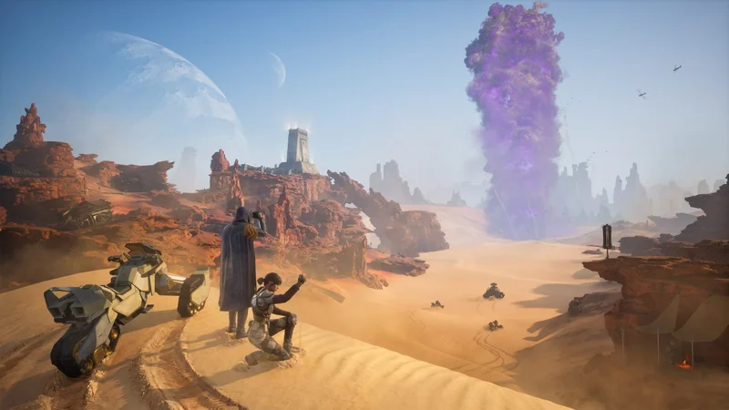 A character in 'Starfield' observes a towering purple plume on a desolate desert planet, with futuristic vehicles and rugged terrain surrounding them.