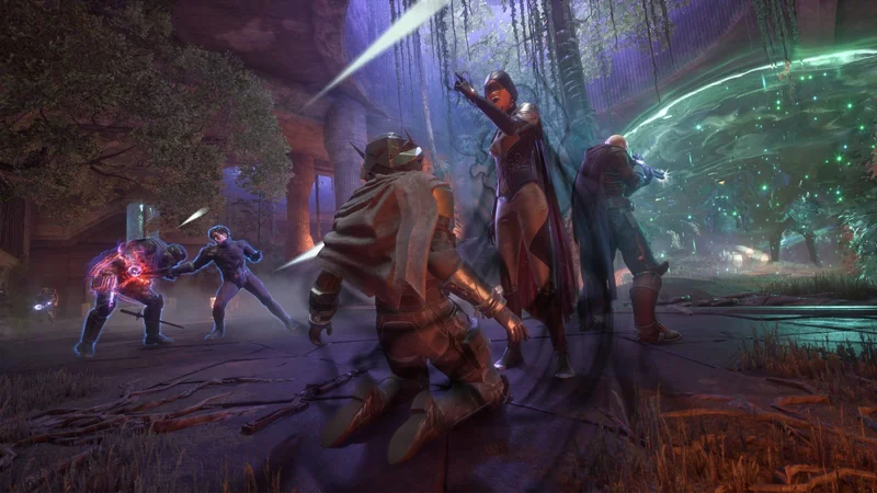 A scene from the game Destiny 2 shows a group of characters engaged in what appears to be a dynamic combat scenario with energy weapons and magic in a forested environment.