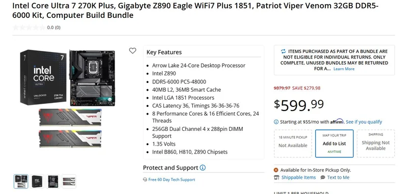 Intel Core Ultra 7 270K Plus bundle featuring a Gigabyte Z890 Eagle WiFi7 Plus 1851 motherboard and Patriot Viper Venom 32GB DDR5-6000 RAM, priced at $599.99.