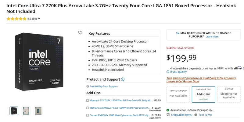 Intel Core Ultra 7 270K Plus Arrow Lake processor with LGA 1851, priced at $199.99, featuring '8 Performance Cores & 16 Efficient Cores, 24 Threads', '40MB L2, 36MB Smart Cache', and 'Heatsink Not Included'.