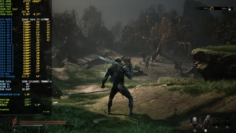 A screenshot from a game shows a creature holding a sword in a dark forest, with benchmarking data overlay displaying an NVIDIA RTX 4090 and Intel Core i7-14700K, showing 'D3D12 179 FPS' and '5.3 ms' frametime.