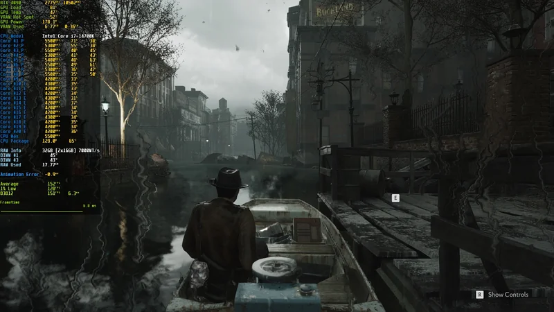 A scene from the game 'Lies of P' shows a character in a boat on a flooded street with performance stats overlay on-screen, including 'RTX 4090' and 'Intel Core i7-14700K'.