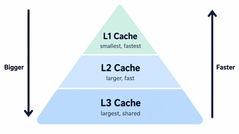 A pyramid diagram detailing 'L1 Cache' as 'smallest, fastest,' 'L2 Cache' as 'larger, fast,' and 'L3 Cache' as 'largest, shared,' with vertical arrows indicating 'Bigger' and 'Faster'.