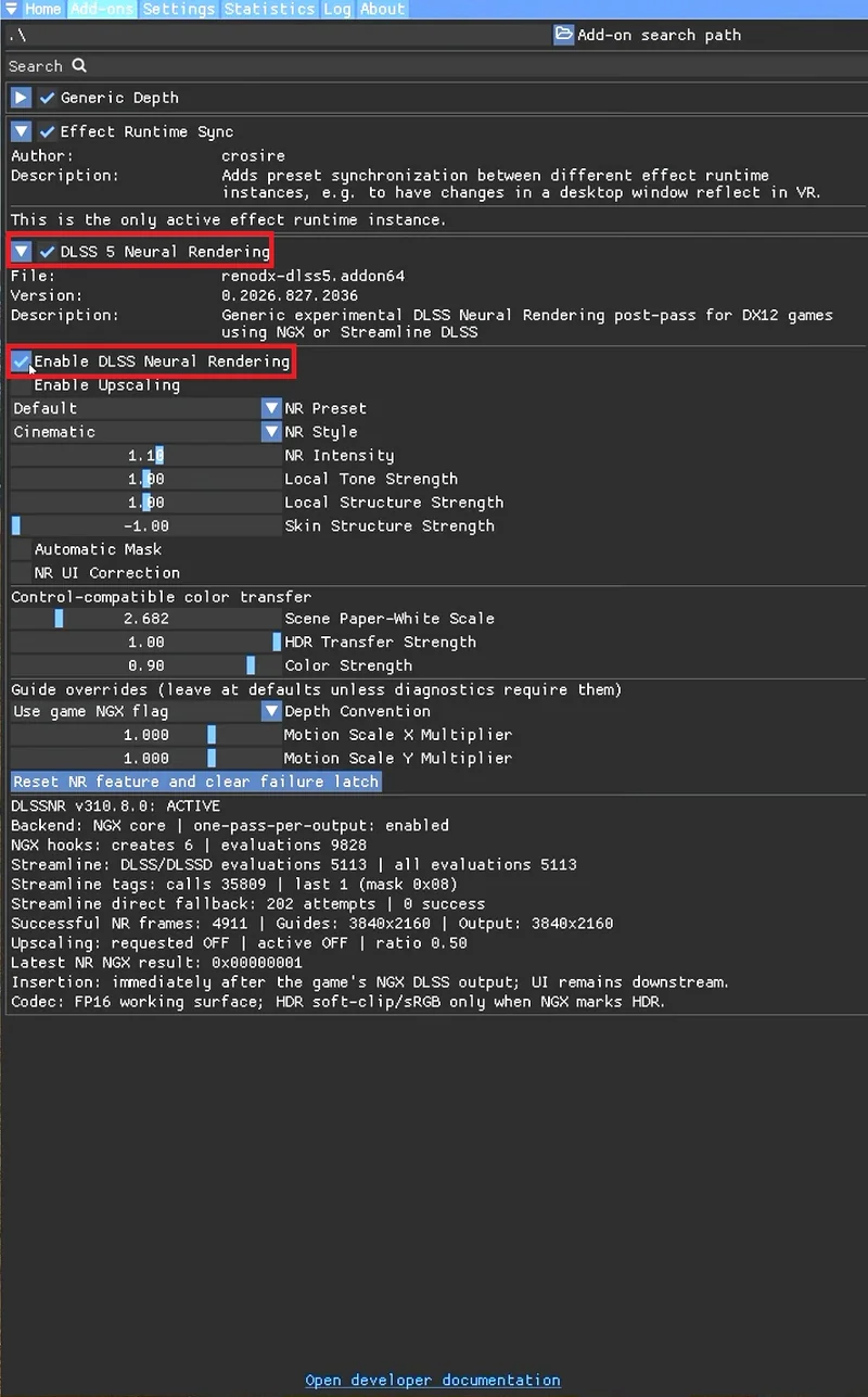 The image shows a settings interface for 'DLSS 5 Neural Rendering' with options to 'Enable DLSS Neural Rendering' and adjust parameters such as NR Intensity and Local Tone Strength.