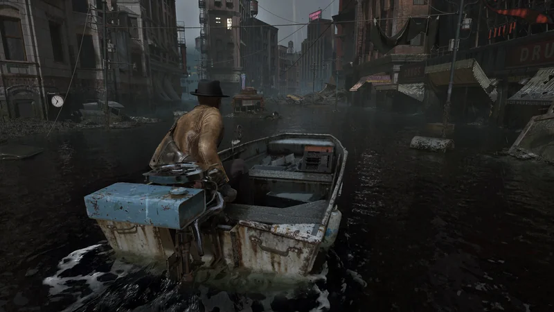 A character in a leather jacket and hat navigates a small boat through a flooded, abandoned city street with decaying buildings.