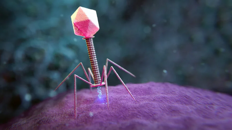 Cartoon image of a virus perched on the surface of a cell, in the process of inserting its genetic material into the cell.