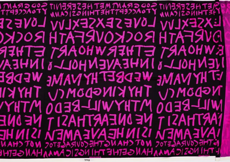 A swath of spandex fabric with DayGlo pink graffiti designed by Stephen Sprouse.