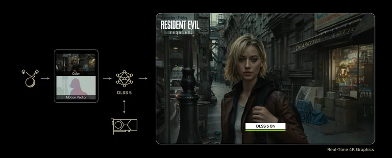 A woman stands in a city street in a screenshot from Resident Evil Requiem with 'DLSS 5 On' indicating real-time 4K graphics enhancement.