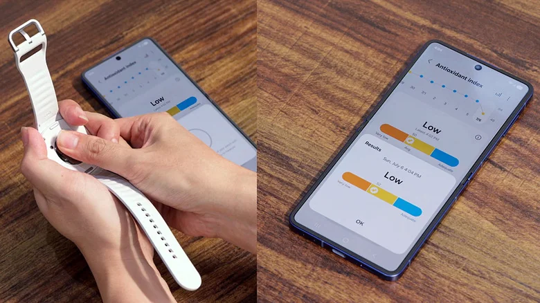 A person using the Antioxidant Index feature on the Samsung Galaxy Watch 8.
