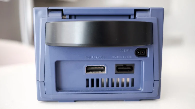 A closeup of the GameCube's back panel, showing the location of the Digital AV Out port.