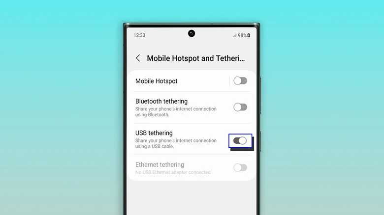 The tethering screen on a Samsung Galaxy phone