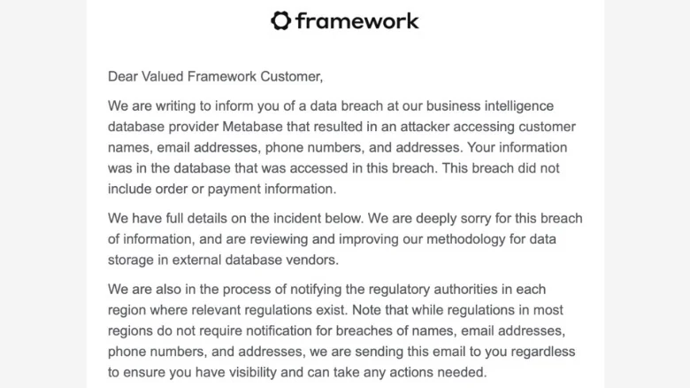 A screenshot of the email Framework sent to customers warning them about the breach.