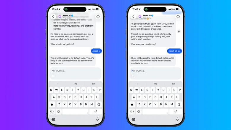 Two Instagram Meta AI chats show the /reset-ai command deleting one AI conversation and /reset-all-ais deleting all saved AI conversations.