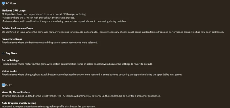 A list of game patch notes detailing various PC fixes, such as reduced CPU usage concerns, and several bug fixes with sections titled 'PC Fixes' and 'Bug Fixes'.