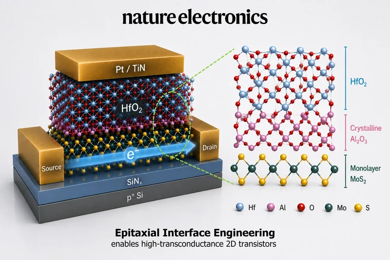 A diagram from 'nature electronics' illustrates the layered structure of high-transconductance 2D transistors featuring Pt/TiN, HfO₂, crystalline Al₂O₃, and monolayer MoS₂.