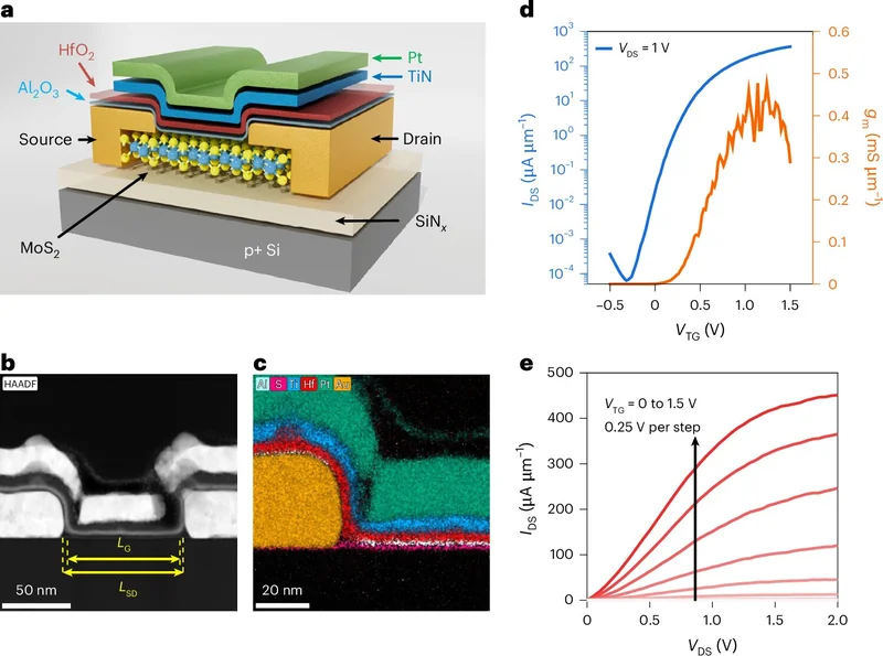 A schematic diagram and micrographs display a layered semiconductor structure with materials labeled as HfO₂, AL₂O₃, Pt, TiN, MoS₂, and Si, alongside charts showing electrical characteristics with 'V_DS = 1 V' and 'V_TG = 0 to 1.5 V' annotations.