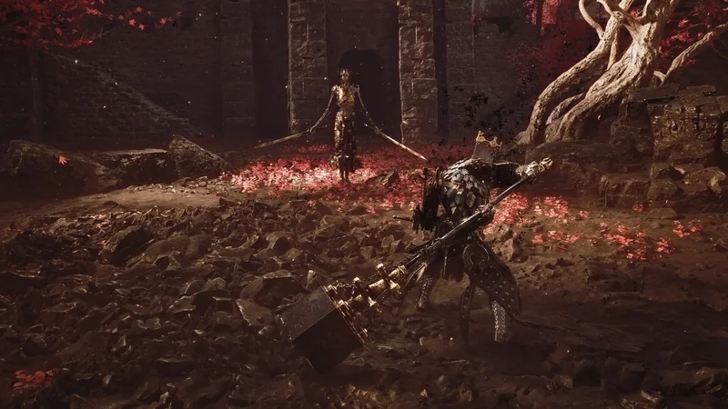 A scene from Lords of the Fallen showing a knight with a hammer facing an armored enemy wielding dual swords in a rocky, autumnal setting.