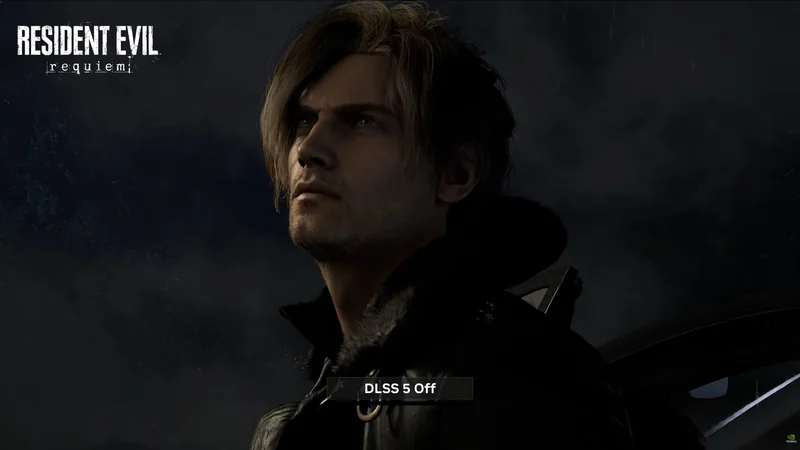 A character from Resident Evil: Requiem looks up into a dark sky, with the text 'DLSS 5 Off' displayed at the bottom.