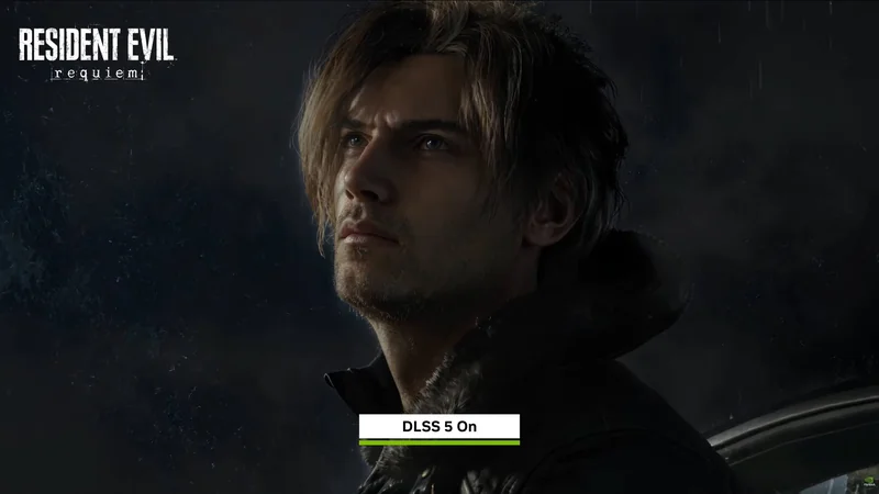 A character in 'Resident Evil: Requiem' with the on-screen text 'DLSS 5 On' displays enhanced graphics using NVIDIA's technology.