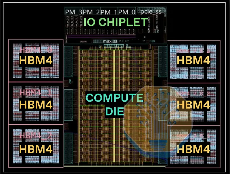 A diagram shows a chip layout labeled with 'IO Chiplet' at the top, 'Compute Die' in the center, and six 'HBM4' blocks surrounding it.