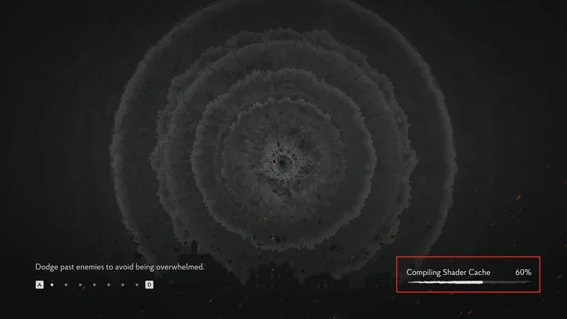 A screen from a game shows a dark, swirling vortex with the text 'Compiling Shader Cache 60%' in a progress bar, and instructions to 'Dodge past enemies to avoid being overwhelmed' are displayed at the bottom.