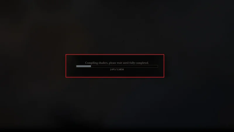 A loading screen displays the message 'Compiling shaders, please wait until fully completed,' with a progress bar indicating 2493/13850 shaders compiled.