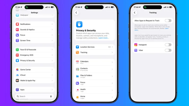 Three iPhone screens show the path through Settings, Privacy & Security and Tracking where Instagram's tracking permission is turned off.