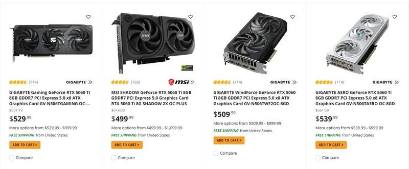 A product listing displays four graphics cards: GIGABYTE Gaming GeForce RTX 5060 Ti, MSI SHADOW GeForce RTX 5060 Ti, GIGABYTE WindForce GeForce RTX 5060 Ti, and GIGABYTE AERO GeForce RTX 5060 Ti, each with prices ranging from $499.99 to $539.99 and labeled with 'FREE SHIPPING'.