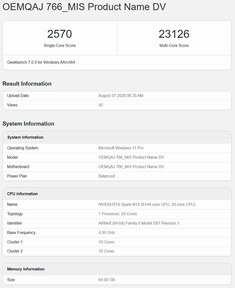 New RTX Spark Geekbench 7 results for the 18-core and 20-core CPU versions