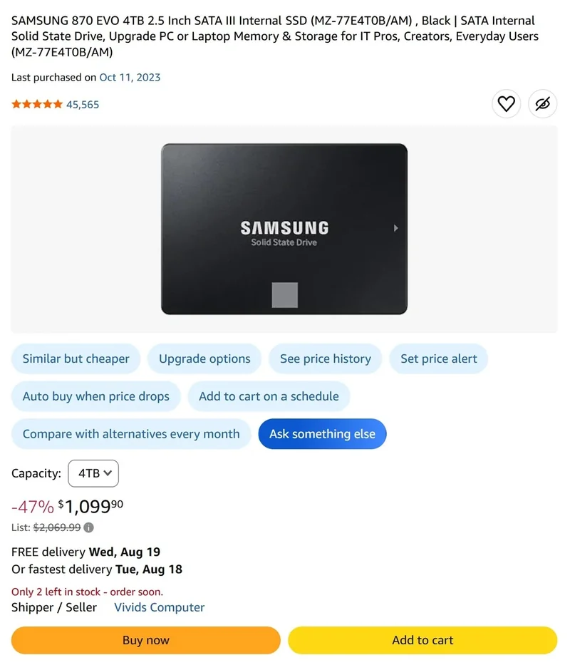 A 4TB Samsung 870 EVO owner shows how rapidly SSD prices have jumped