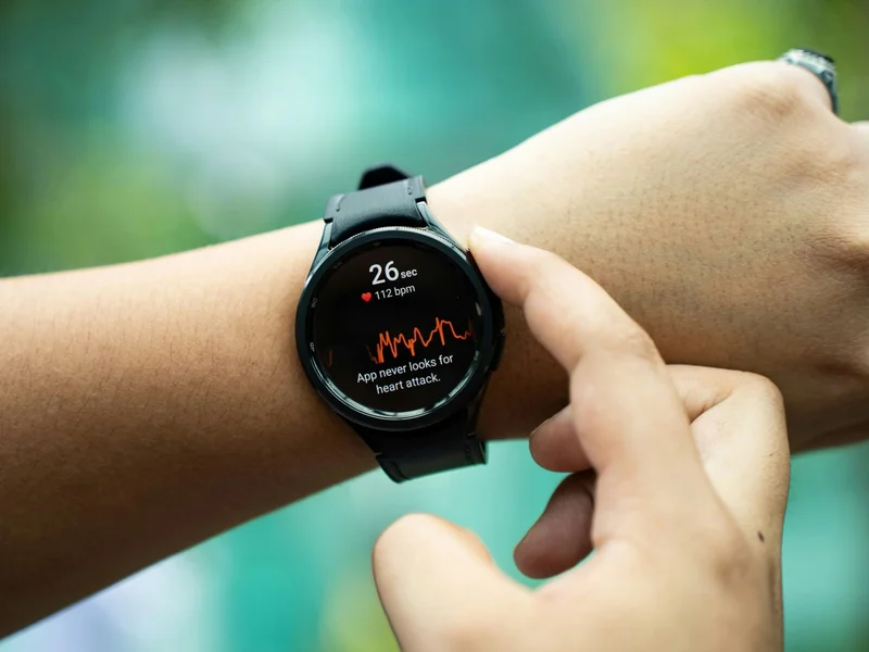 Person using a Galaxy Watch smartwatch as Samsung Research America’s Digital Health Team has presented two AI foundation models designed to learn from wearable biosignals.
