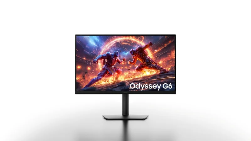 A Samsung Odyssey G6 monitor displaying two futuristic warriors battling in a fiery scene.