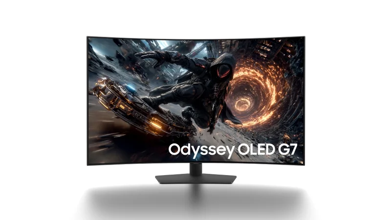 A Samsung Odyssey OLED G7 monitor displays an action-packed sci-fi scene with a figure on a futuristic vehicle and the text 'Odyssey OLED G7' visible.