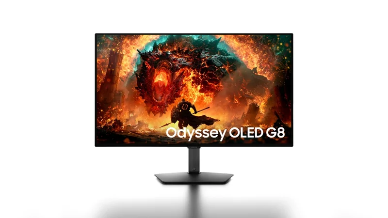 The Samsung Odyssey OLED G8 monitor displays a fiery battle scene with a dragon and warrior.