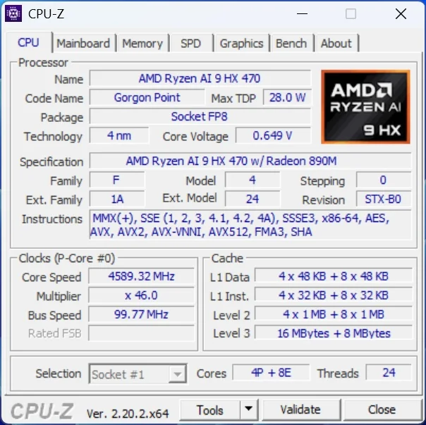 A CPU-Z screenshot details the AMD Ryzen AI 9 HX 470 processor with a base frequency of 4589.32 MHz, socket FP8, 4 nm technology, and Radeon 890M graphics.
