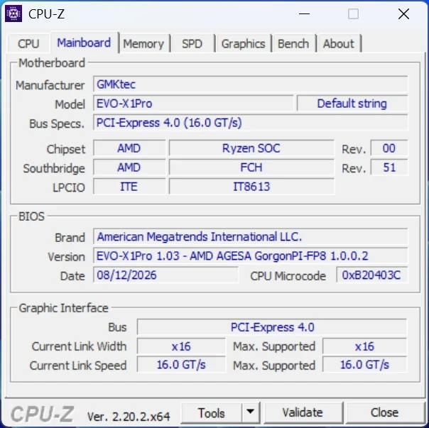 The CPU-Z application displays motherboard details for the GMKtec EVO-X1Pro using an AMD Ryzen SOC chipset, with a PCI-Express 4.0 interface and an American Megatrends International LLC BIOS version EVO-X1Pro 1.03.