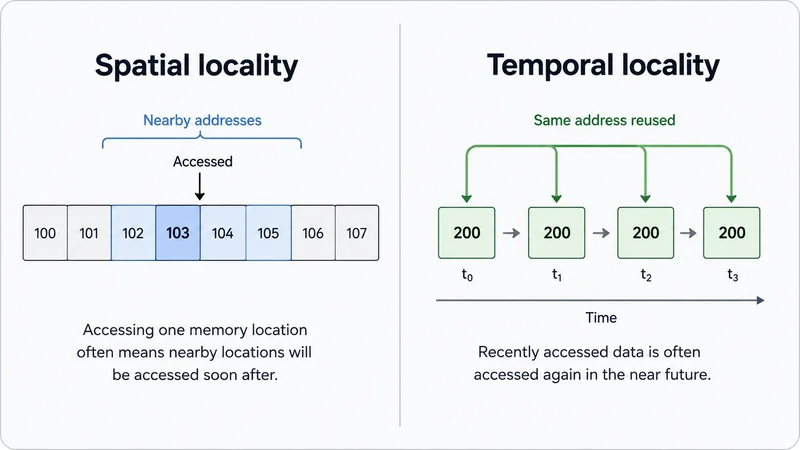 A diagram explains 'Spatial locality' with nearby addresses accessed from 100 to 107 and 'Temporal locality' showing the same address 200 reused over time at t0, t1, t2, and t3.